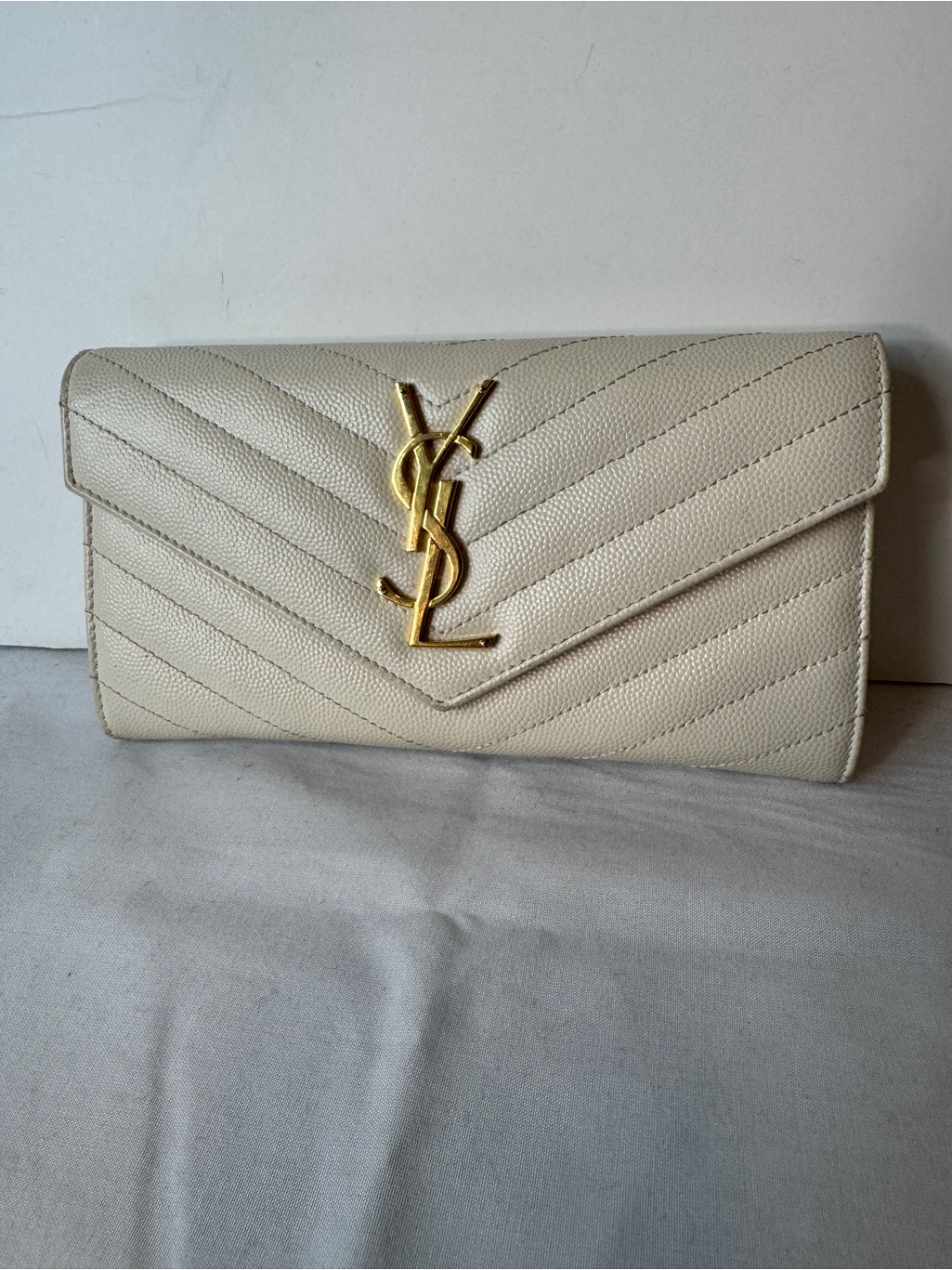 Saint Laurent Cream Quilted Chevron Envelope Clutch With Gold Ysl